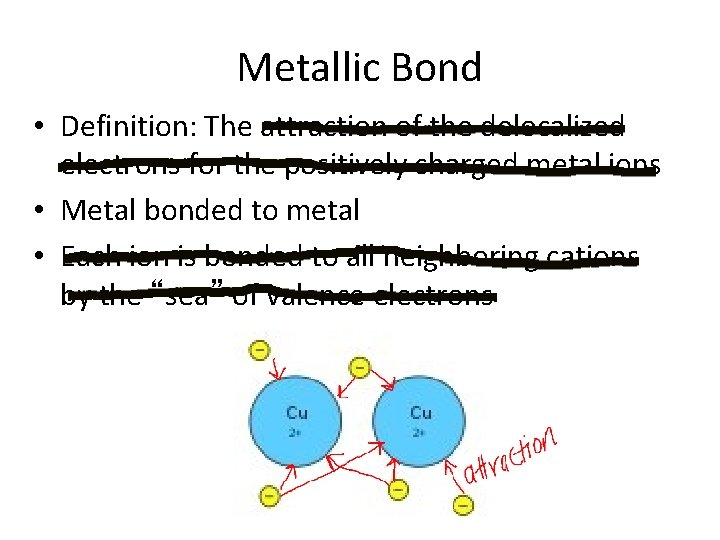 Metallic Bond • Definition: The attraction of the delocalized electrons for the positively charged