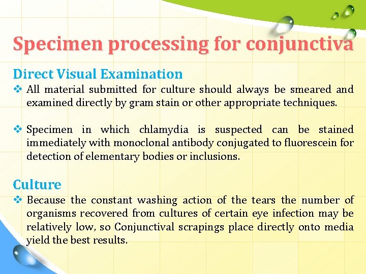 Specimen processing for conjunctiva Direct Visual Examination v All material submitted for culture should