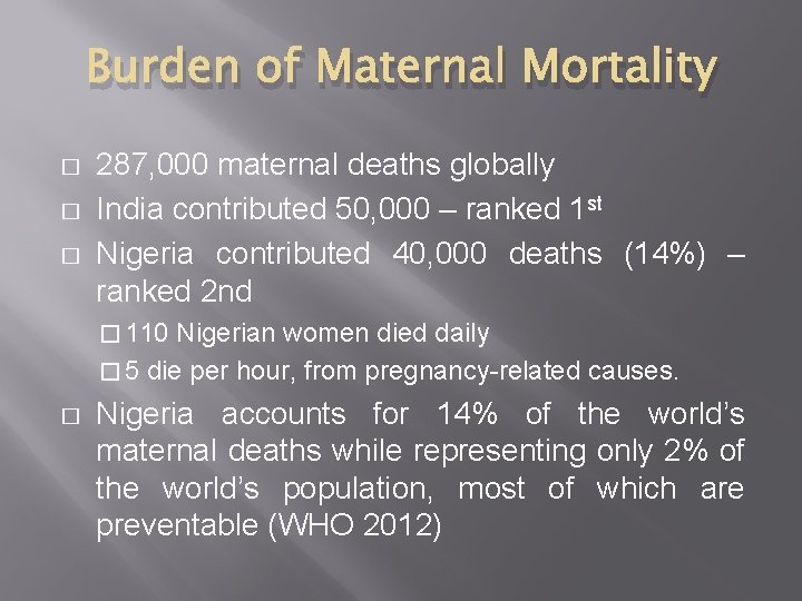 Burden of Maternal Mortality � � � 287, 000 maternal deaths globally India contributed