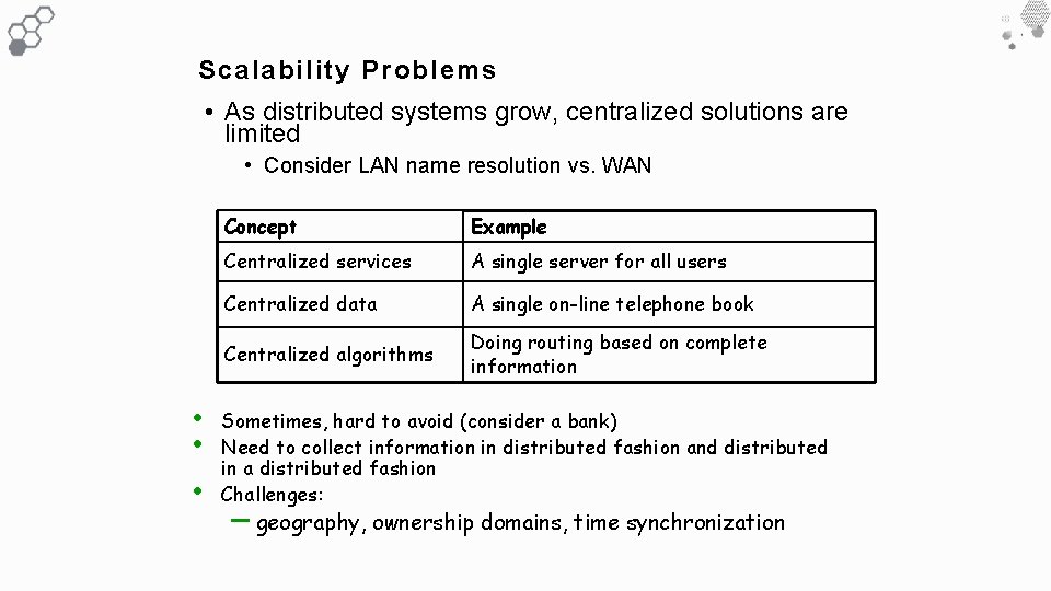 Scalability Problems • As distributed systems grow, centralized solutions are limited • Consider LAN Scalability Problems • As distributed systems grow, centralized solutions are limited • Consider LAN