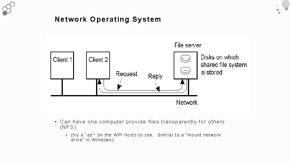 Network Operating System • Can have one computer provide files transparently for others (NFS) Network Operating System • Can have one computer provide files transparently for others (NFS)