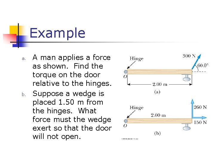 Example a. b. A man applies a force as shown. Find the torque on