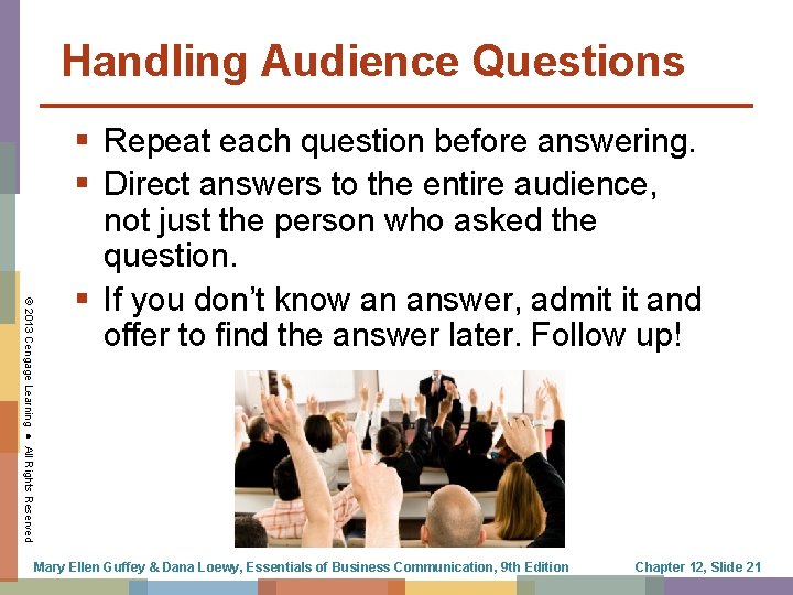 Handling Audience Questions © 2013 Cengage Learning ● All Rights Reserved § Repeat each