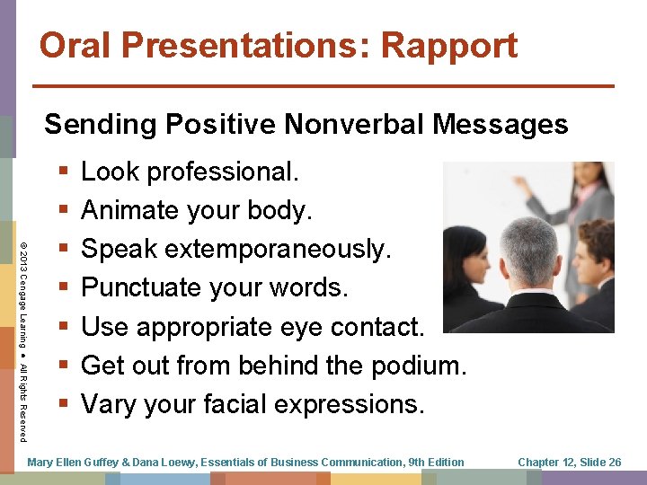 Oral Presentations: Rapport Sending Positive Nonverbal Messages © 2013 Cengage Learning ● All Rights