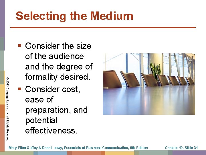 Selecting the Medium © 2013 Cengage Learning ● All Rights Reserved § Consider the