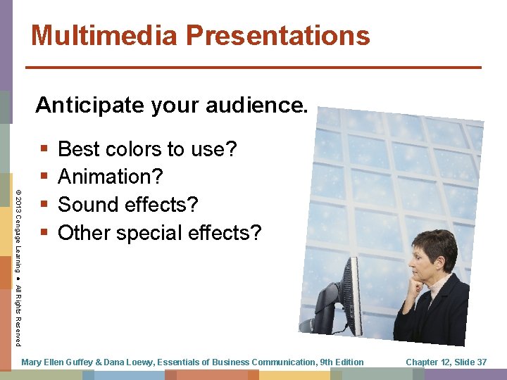 Multimedia Presentations Anticipate your audience. © 2013 Cengage Learning ● All Rights Reserved §