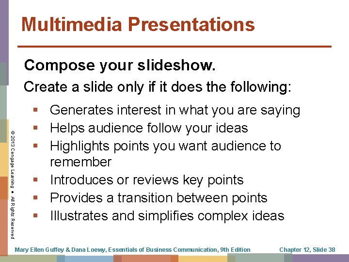 Multimedia Presentations Compose your slideshow. Create a slide only if it does the following: