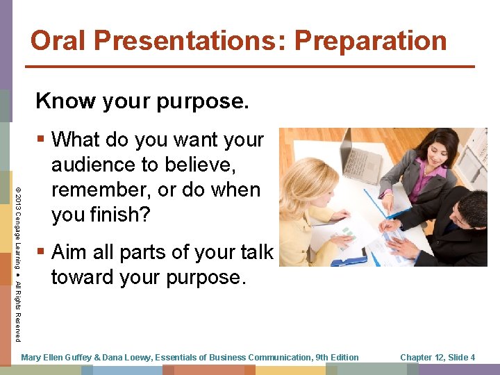 Oral Presentations: Preparation Know your purpose. © 2013 Cengage Learning ● All Rights Reserved