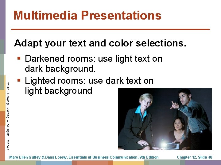 Multimedia Presentations Adapt your text and color selections. © 2013 Cengage Learning ● All