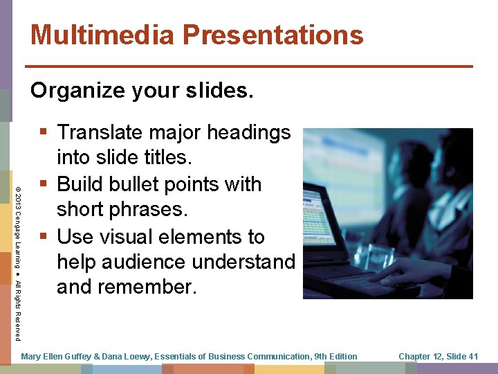 Multimedia Presentations Organize your slides. © 2013 Cengage Learning ● All Rights Reserved §