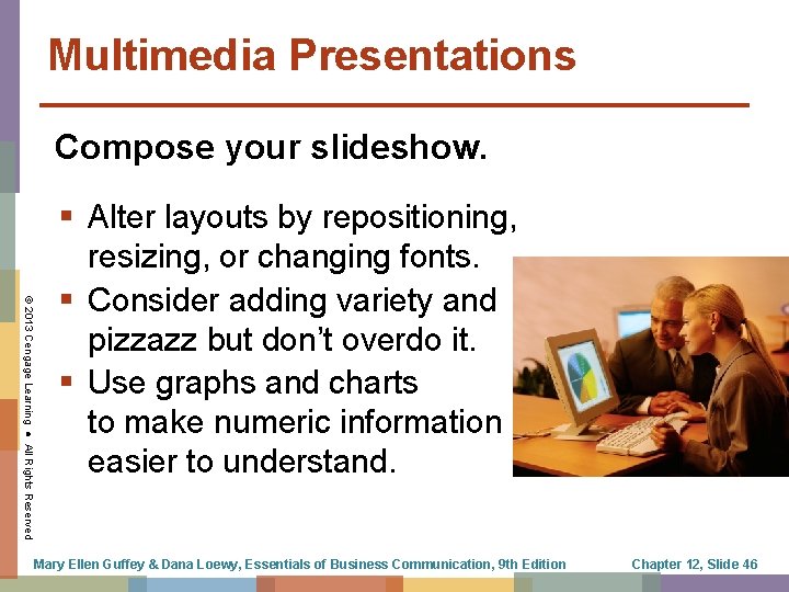 Multimedia Presentations Compose your slideshow. © 2013 Cengage Learning ● All Rights Reserved §