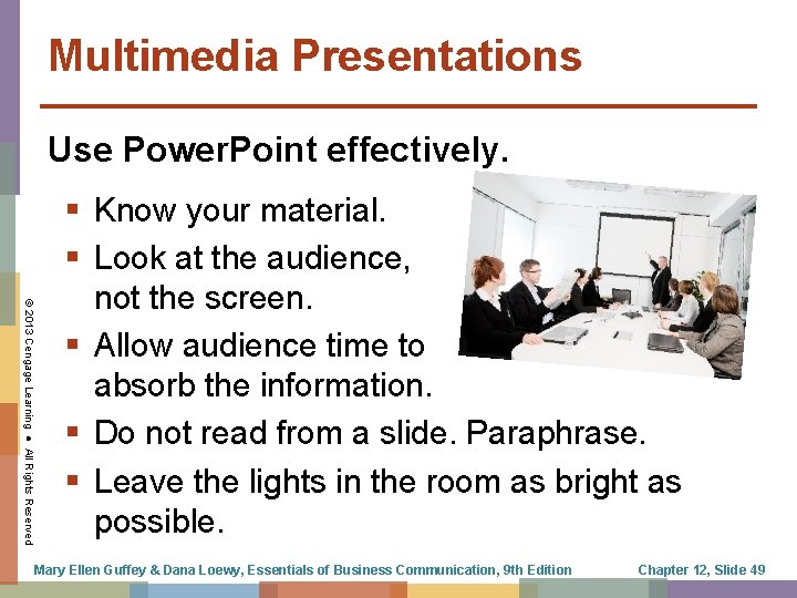 Multimedia Presentations Use Power. Point effectively. © 2013 Cengage Learning ● All Rights Reserved