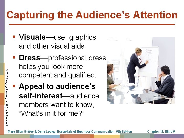 Capturing the Audience’s Attention § Visuals—use graphics and other visual aids. § Dress—professional dress