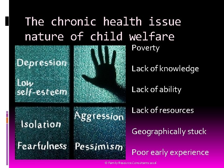 The chronic health issue nature of child welfare Poverty Lack of knowledge Lack of