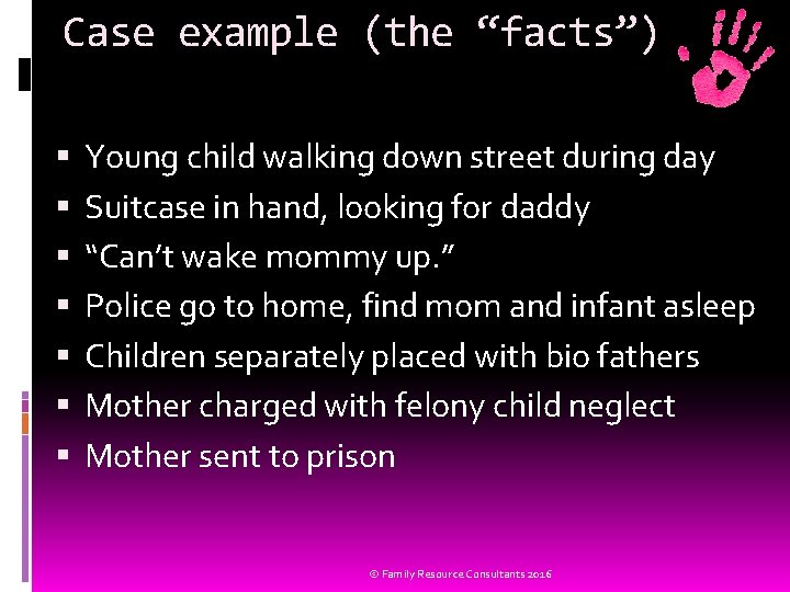 Case example (the “facts”) Young child walking down street during day Suitcase in hand,