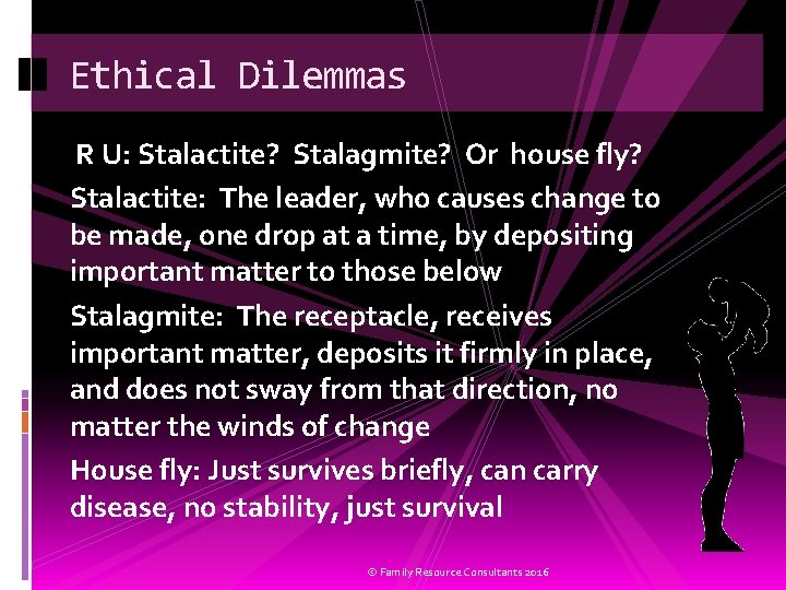 Ethical Dilemmas R U: Stalactite? Stalagmite? Or house fly? Stalactite: The leader, who causes