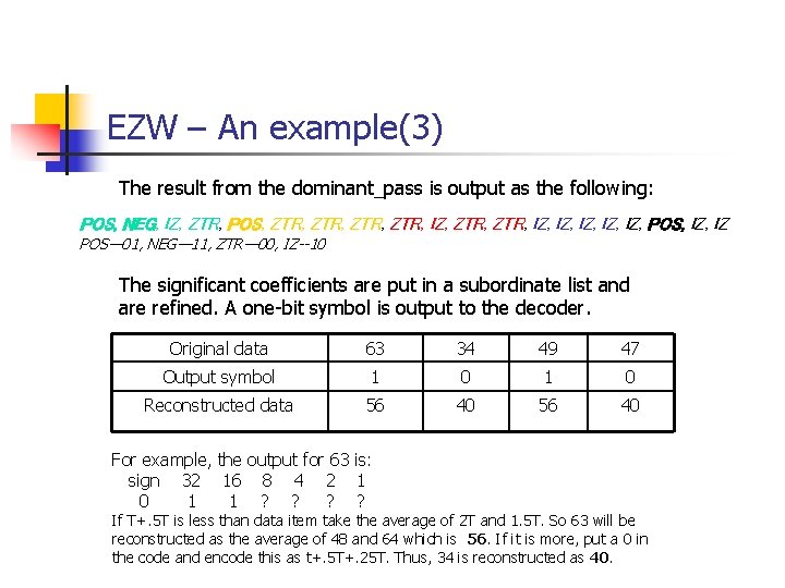 EZW – An example(3) The result from the dominant_pass is output as the following: