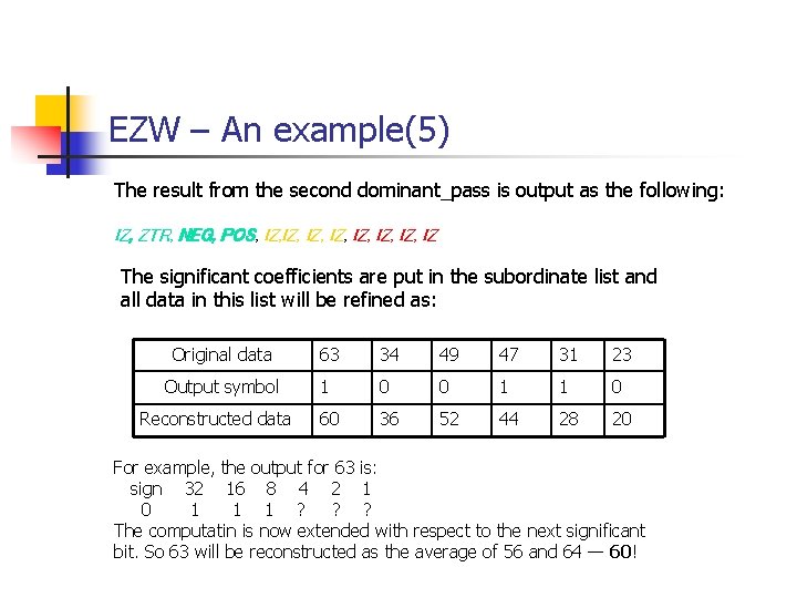 EZW – An example(5) The result from the second dominant_pass is output as the