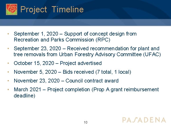 Project Timeline • September 1, 2020 – Support of concept design from Recreation and