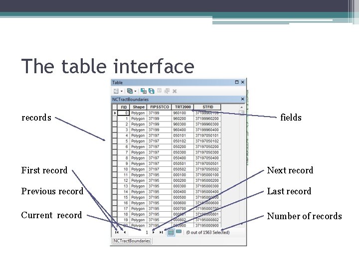 The table interface records fields First record Next record Previous record Last record Current