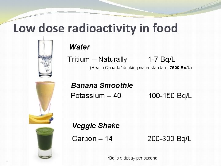 Low dose radioactivity in food Water Tritium – Naturally 1 -7 Bq/L (Health Canada