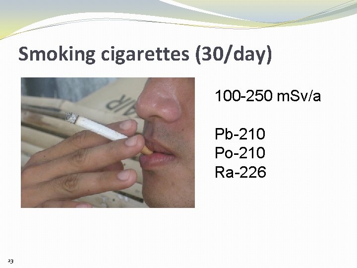 Smoking cigarettes (30/day) 100 -250 m. Sv/a Pb-210 Po-210 Ra-226 23 