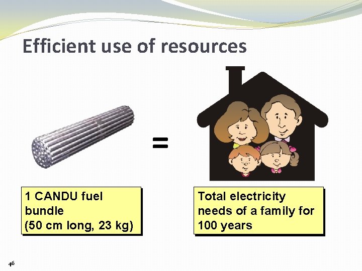 Efficient use of resources = 1 CANDU fuel bundle (50 cm long, 23 kg)