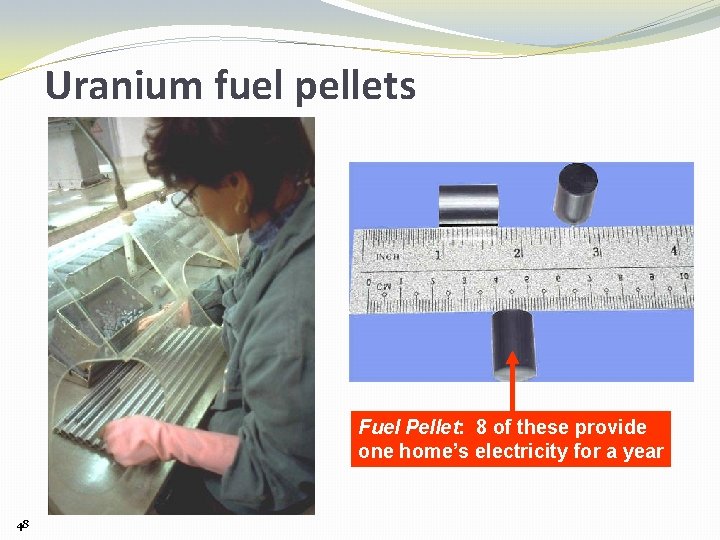 Uranium fuel pellets Fuel Pellet: 8 of these provide one home’s electricity for a