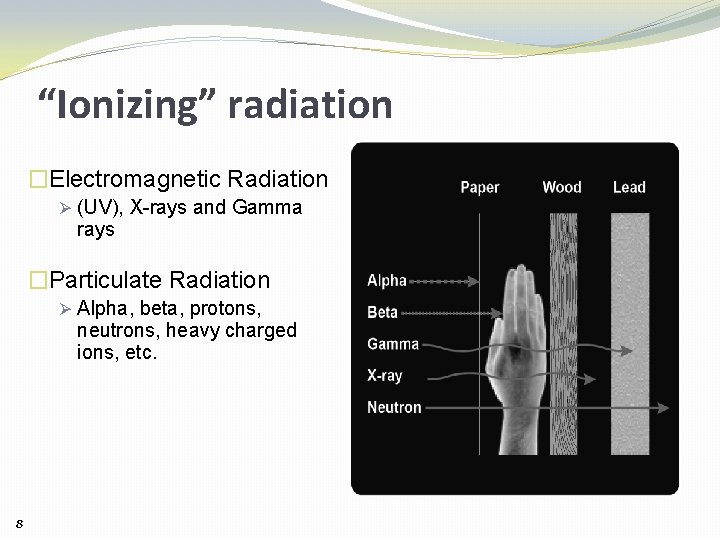 “Ionizing” radiation �Electromagnetic Radiation Ø (UV), X-rays and Gamma rays �Particulate Radiation Ø Alpha,