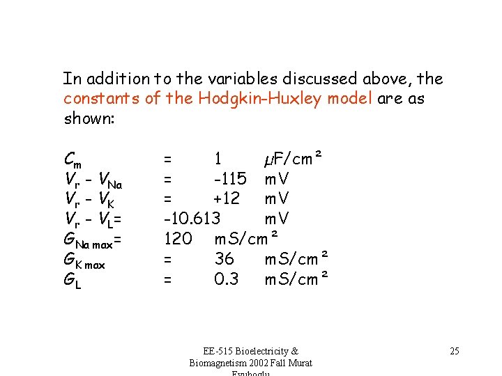 In addition to the variables discussed above, the constants of the Hodgkin-Huxley model are