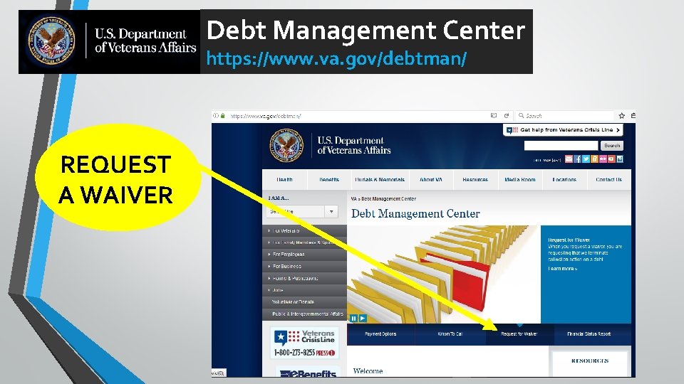 Debt Management Center https: //www. va. gov/debtman/ REQUEST A WAIVER 