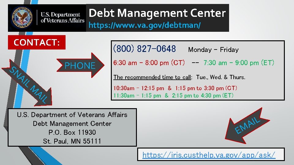 Debt Management Center https: //www. va. gov/debtman/ CONTACT: (800) 827 -0648 PHONE SN AI