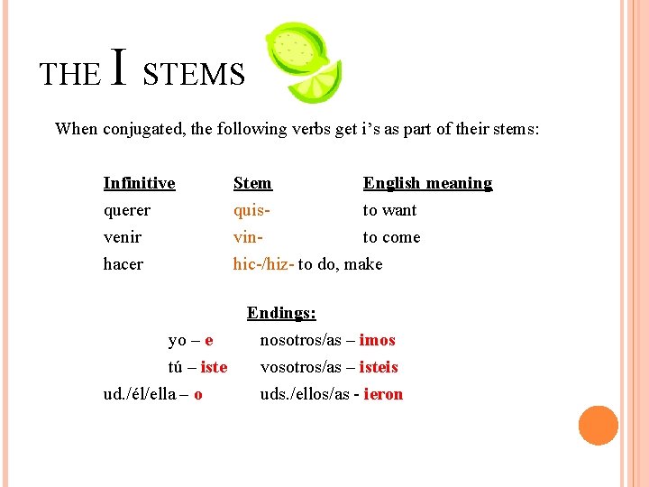 THE I STEMS When conjugated, the following verbs get i’s as part of their