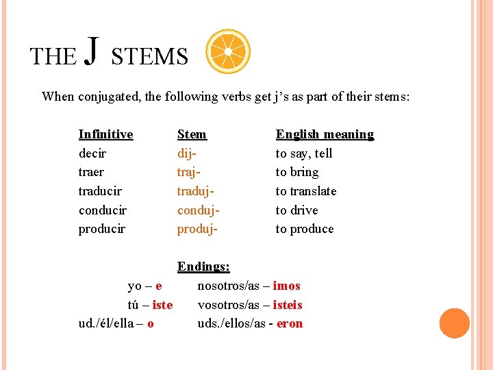 THE J STEMS When conjugated, the following verbs get j’s as part of their