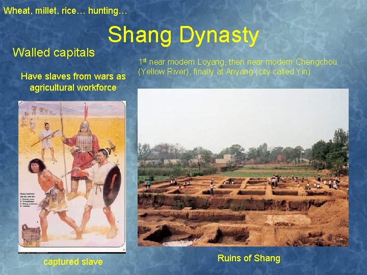 Wheat, millet, rice… hunting… Walled capitals Shang Dynasty Have slaves from wars as agricultural