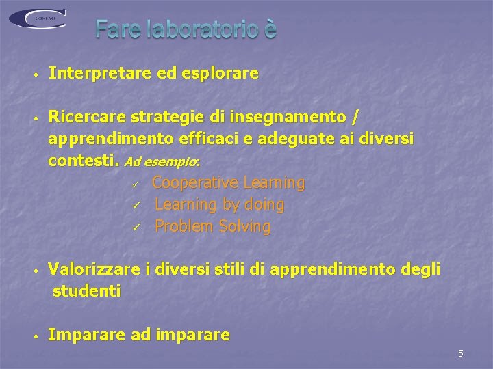  • Interpretare ed esplorare • Ricercare strategie di insegnamento / apprendimento efficaci e