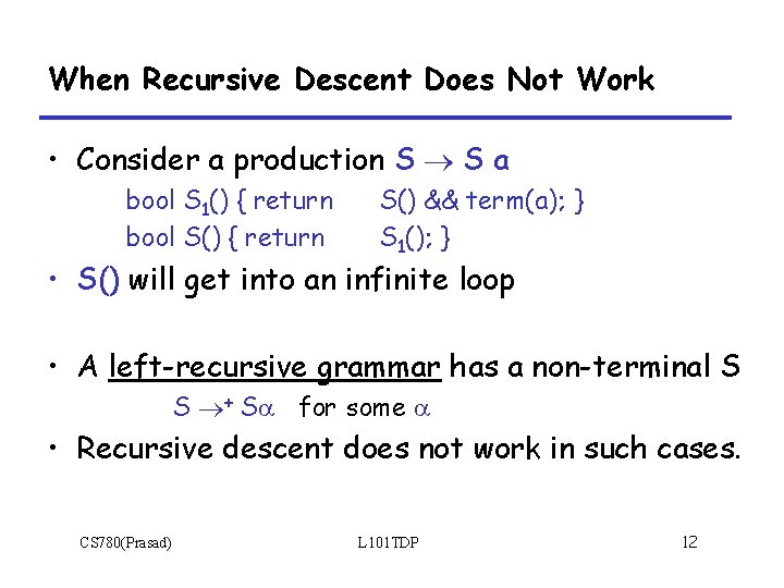 When Recursive Descent Does Not Work • Consider a production S S a bool