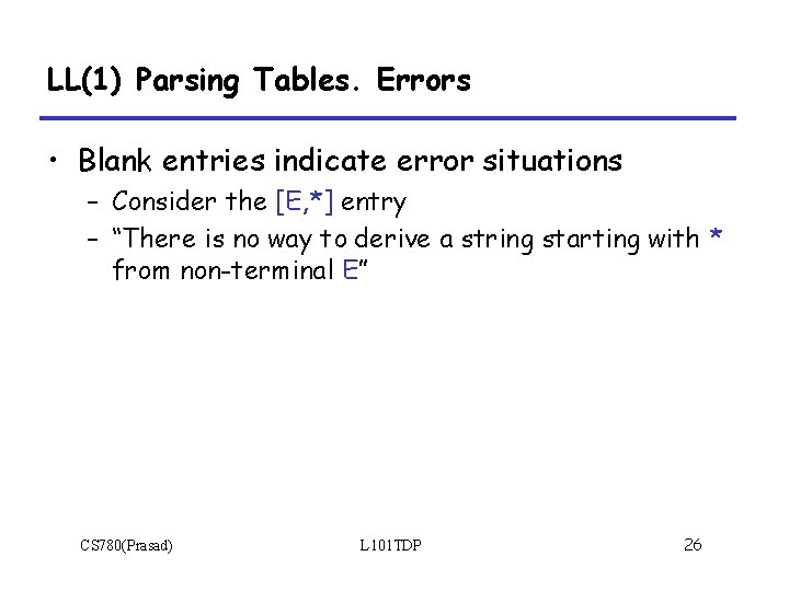 LL(1) Parsing Tables. Errors • Blank entries indicate error situations – Consider the [E,