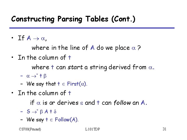 Constructing Parsing Tables (Cont. ) • If A , where in the line of