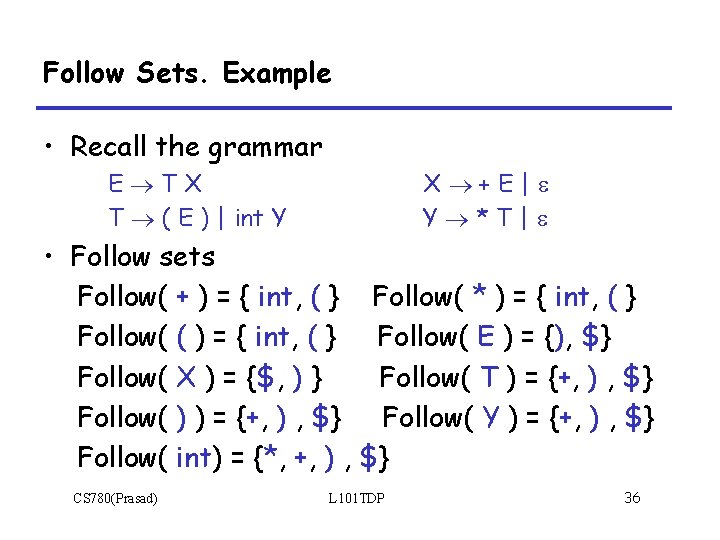 Follow Sets. Example • Recall the grammar E TX T ( E ) |