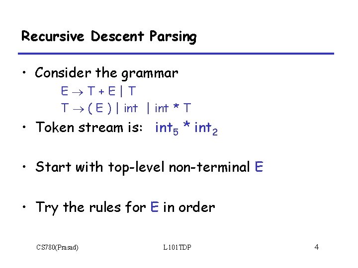 Recursive Descent Parsing • Consider the grammar E T+E|T T ( E ) |