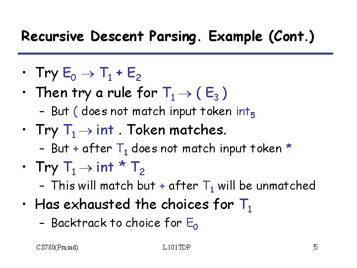 Recursive Descent Parsing. Example (Cont. ) • Try E 0 T 1 + E