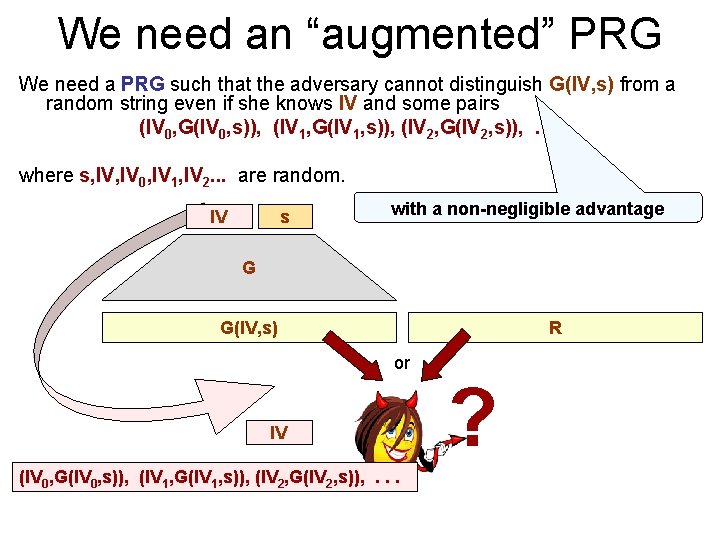 We need an “augmented” PRG We need a PRG such that the adversary cannot