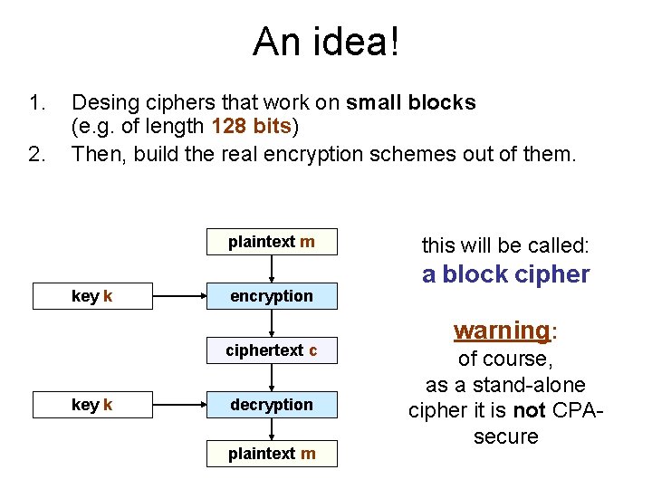 An idea! 1. 2. Desing ciphers that work on small blocks (e. g. of