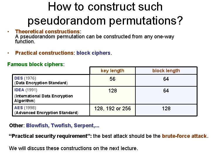 How to construct such pseudorandom permutations? • Theoretical constructions: A pseudorandom permutation can be