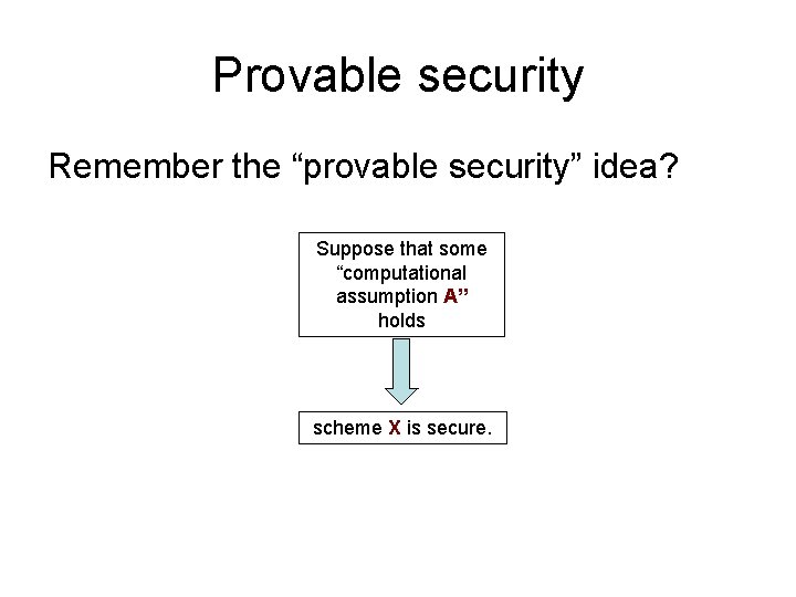 Provable security Remember the “provable security” idea? Suppose that some “computational assumption A” holds