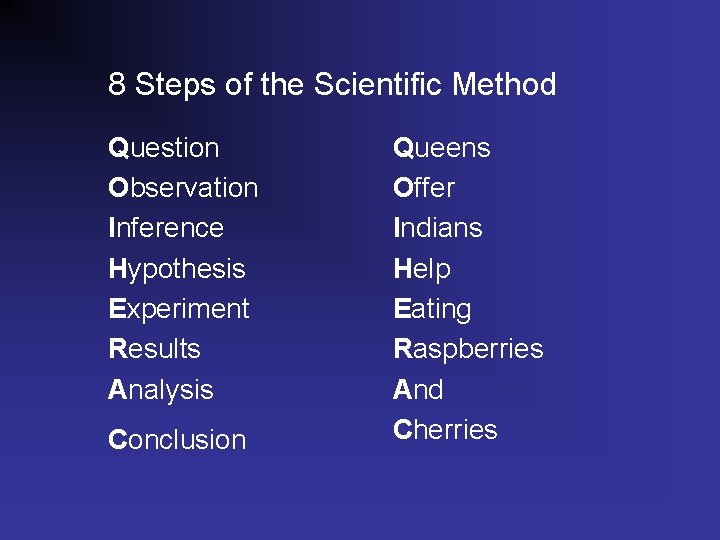 8 Steps of the Scientific Method Question Observation Inference Hypothesis Experiment Results Analysis Conclusion