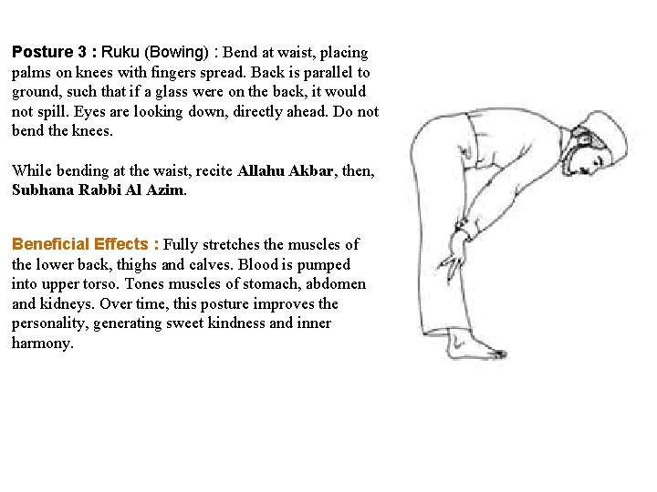 Posture 3 : Ruku (Bowing) : Bend at waist, placing palms on knees with