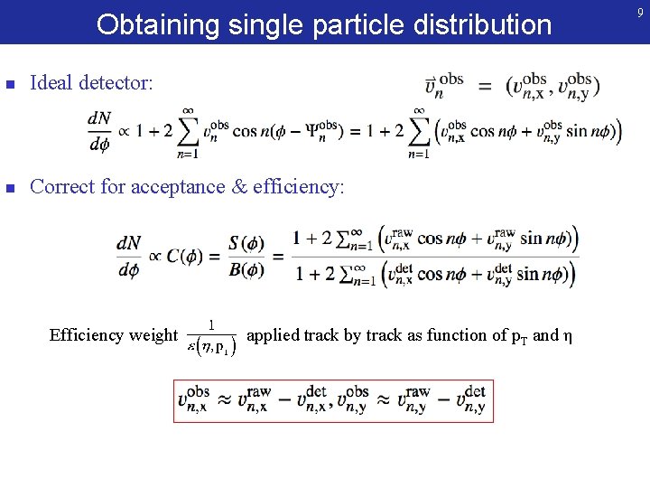 Obtaining single particle distribution n Ideal detector: n Correct for acceptance & efficiency: Efficiency