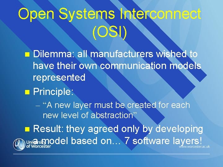 Open Systems Interconnect (OSI) Dilemma: all manufacturers wished to have their own communication models Open Systems Interconnect (OSI) Dilemma: all manufacturers wished to have their own communication models